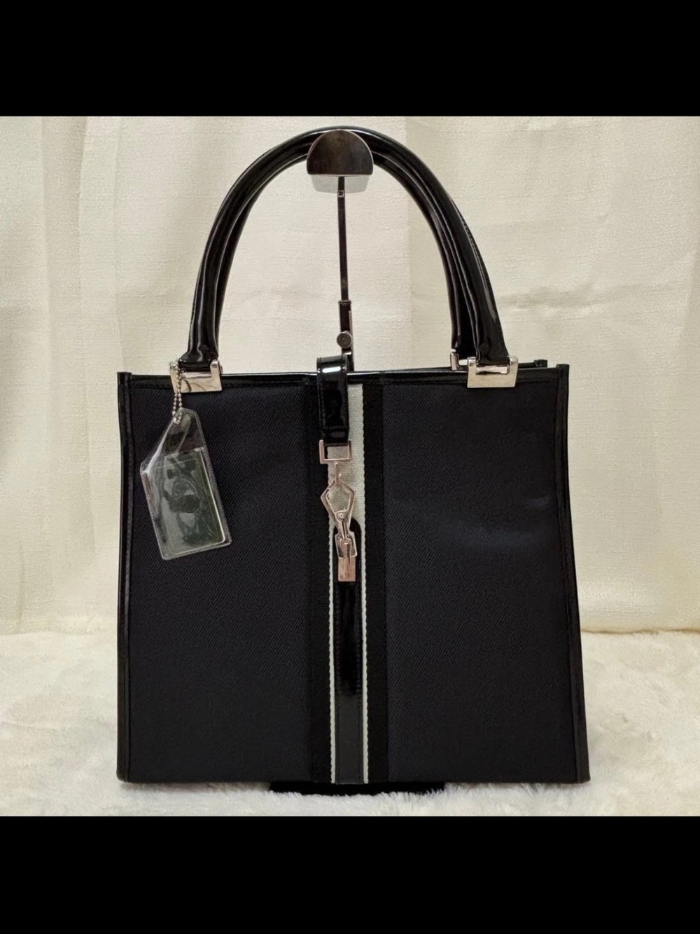 Paolo Gucci Black Structured Satchel with Center Stripe and Silver Accents